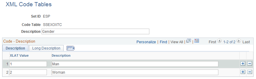 XML Code Tables page