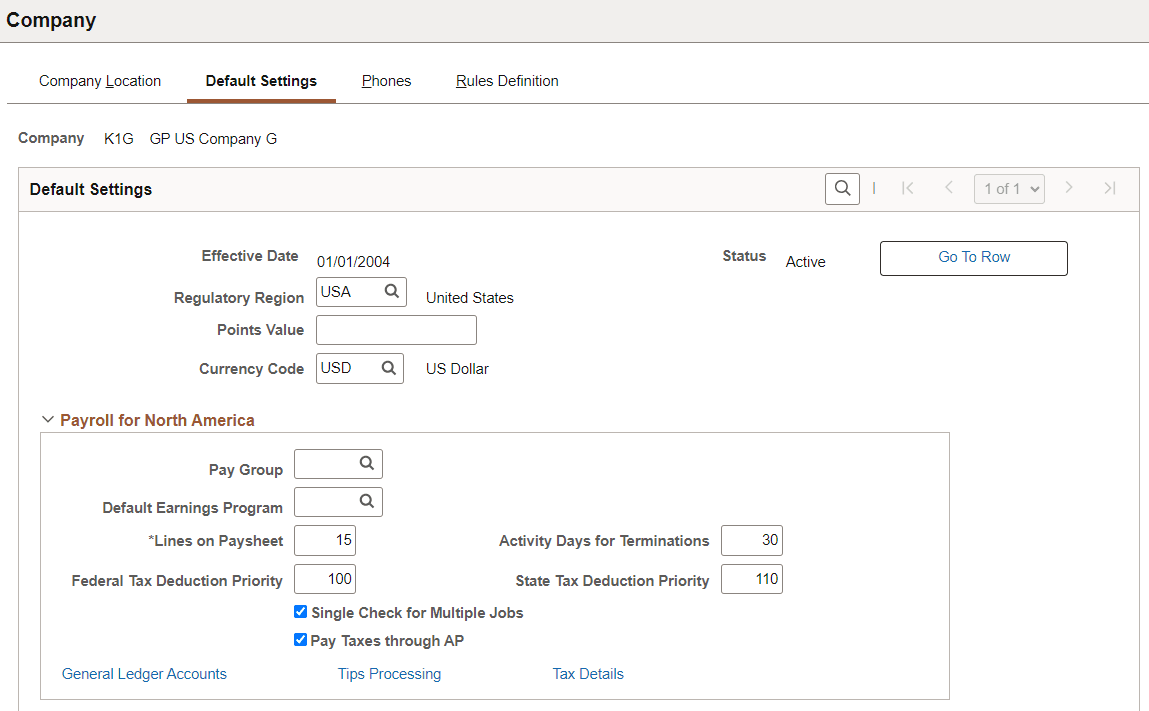 Default Settings page (1 of 9)