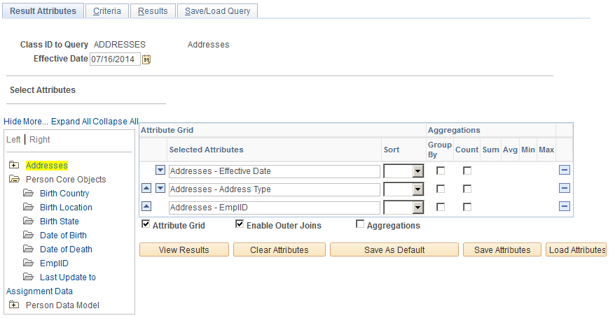 Result Attributes page
