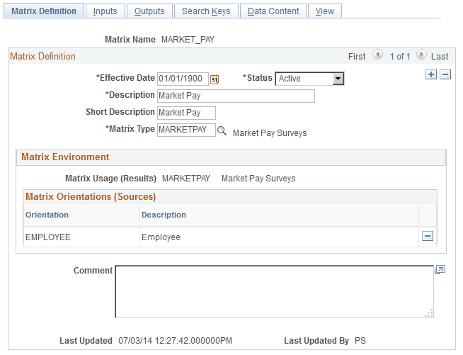 Matrix Definition page