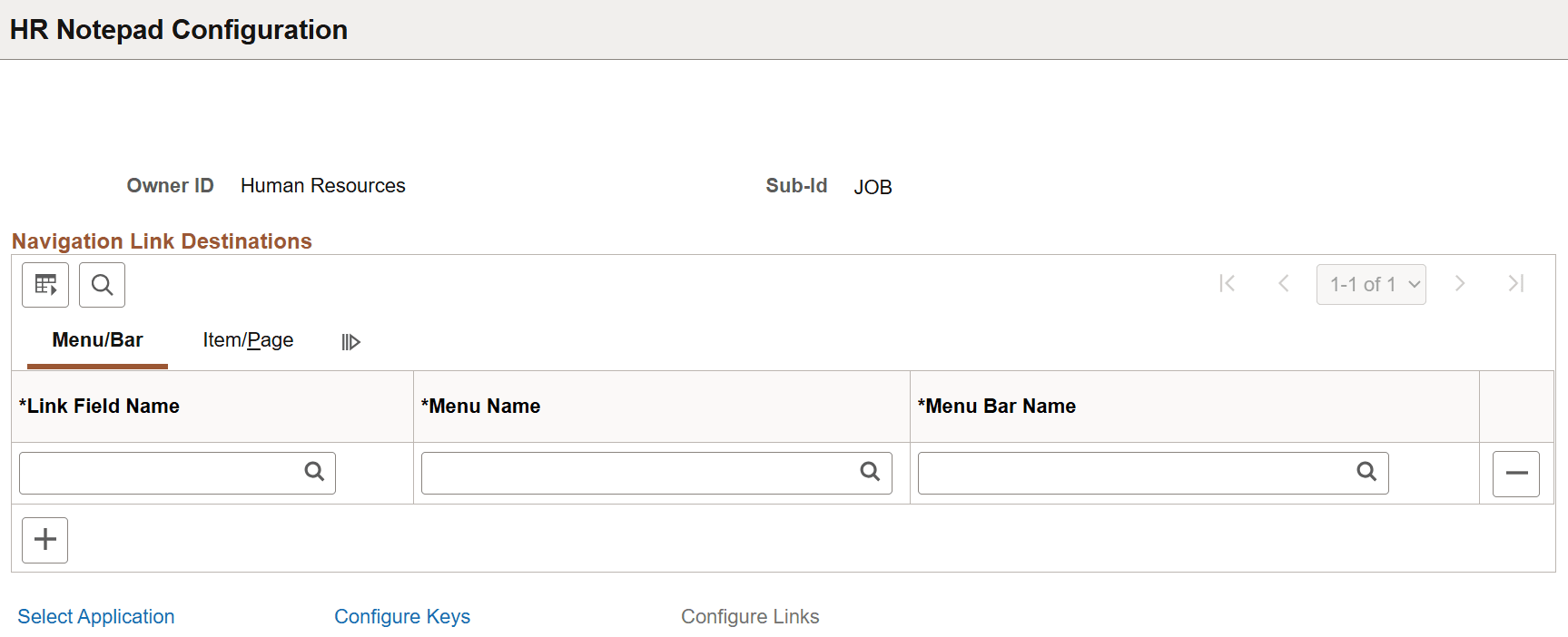 HR Notepad Configuration - Configure Links page: Menu/Bar tab