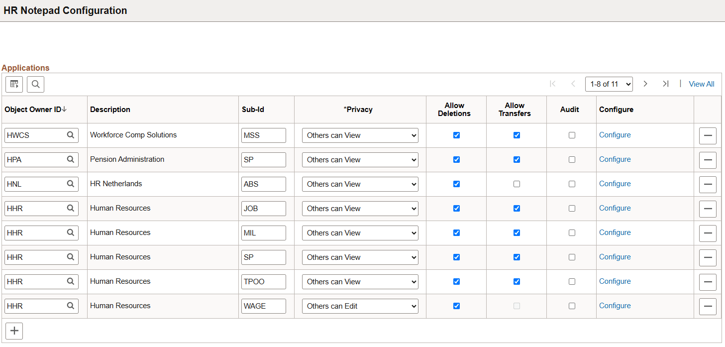 HR Notepad Configuration - Applications page