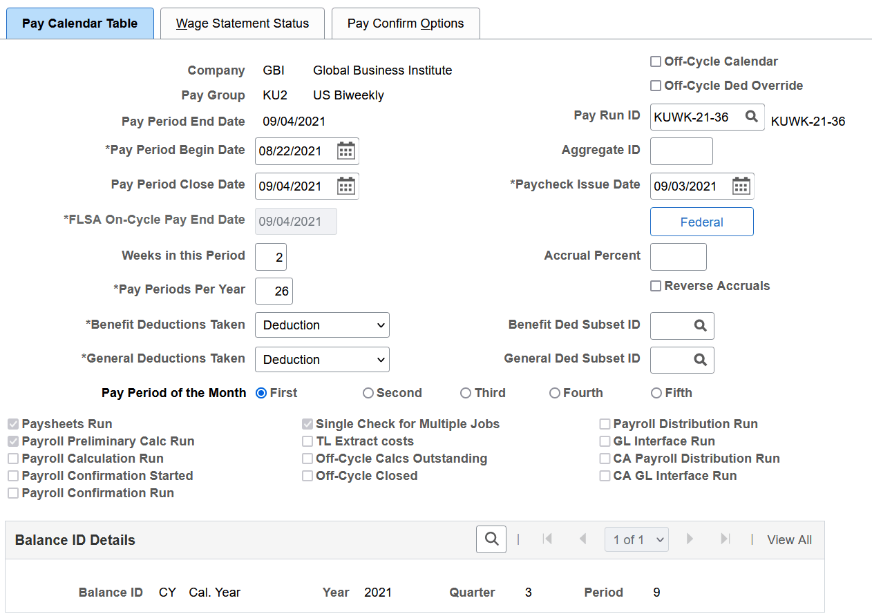 Pay Calendar Table page