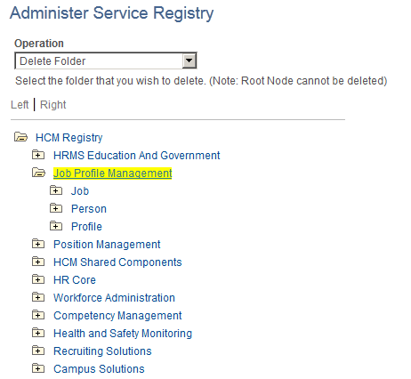 Administer Service Registry page with Delete Folder selected