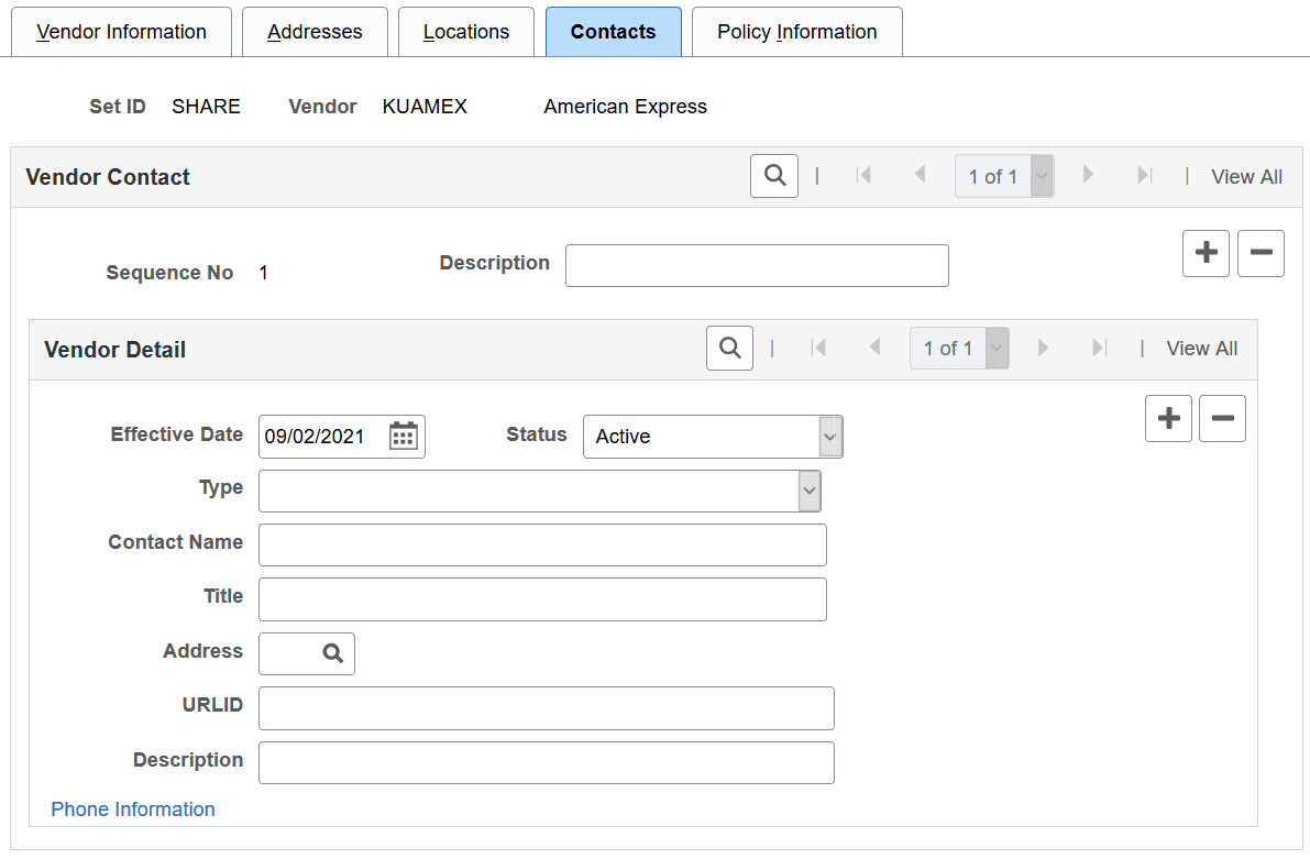 Vendor Information - Contacts page