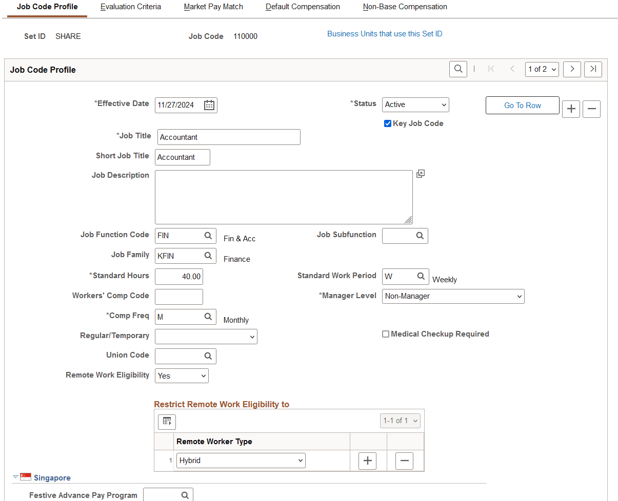 Job Code Profile page (1 of 5)