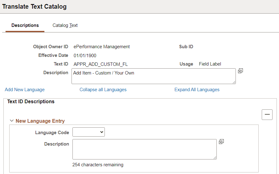 Translate Text Catalog - Descriptions page