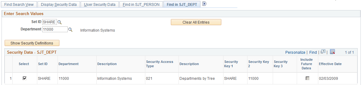 Find in SJT_DEPT page (1 of 2)