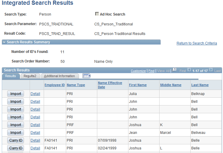 Integrated Search Results page: Results tab
