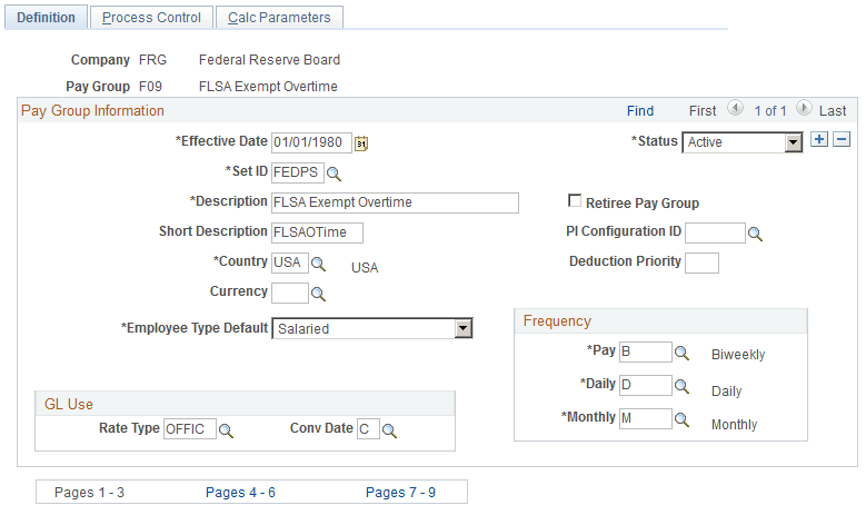 Pay Group Table - Definition page