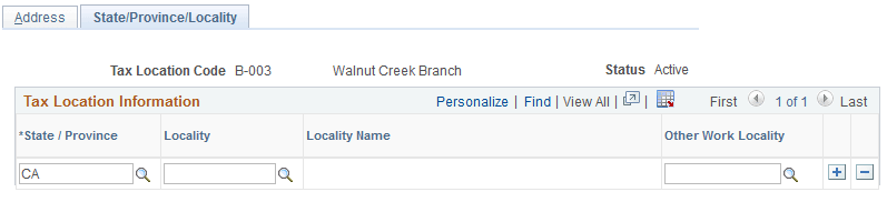 Tax Location Table - State/Province/Locality page