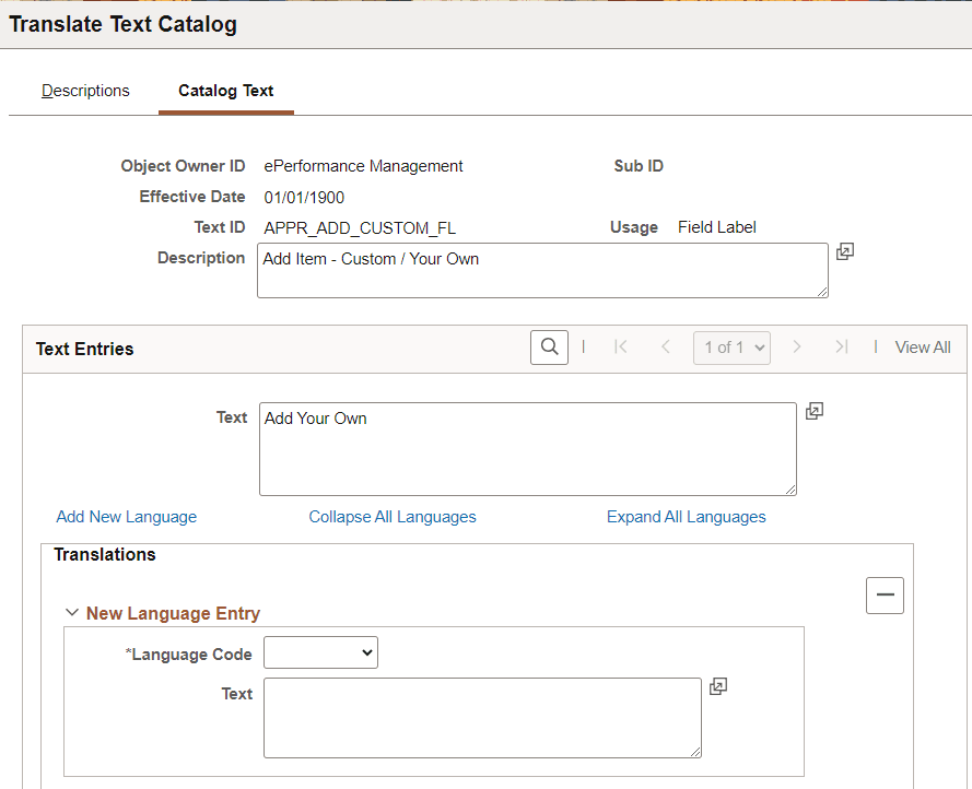 Translate Text Catalog - Catalog Text page