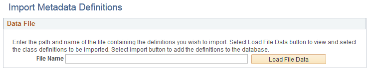 Import Metadata Definitions page