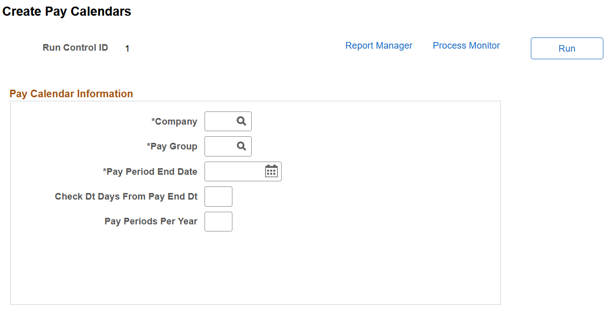 Create Pay Calendars page
