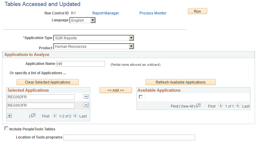 Tables Accessed and Updated page