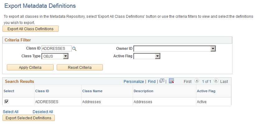 Export Metadata Definitions page