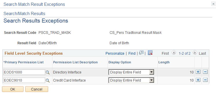 Search/Match Results - Search Results Exceptions page