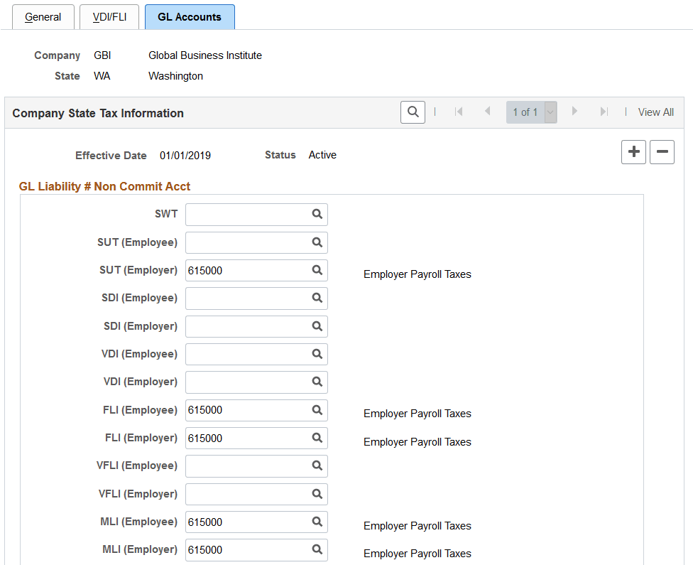 Company State Tax Table - GL Accounts page (1 of 2)