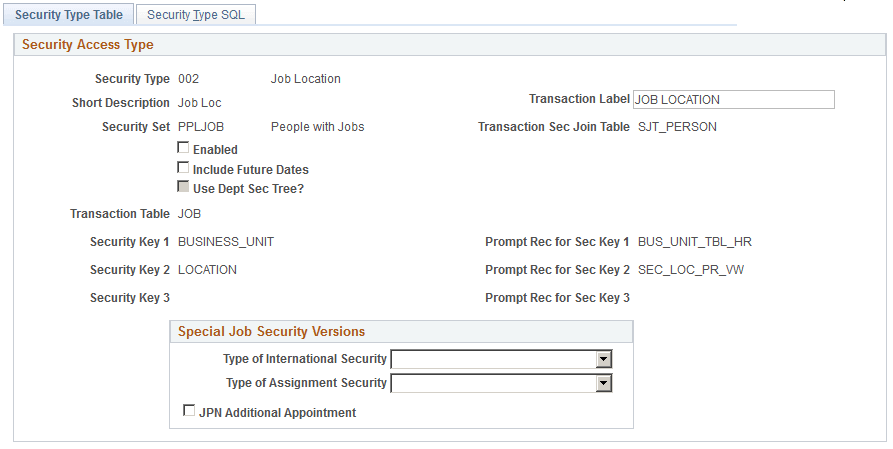 Security Type Table page