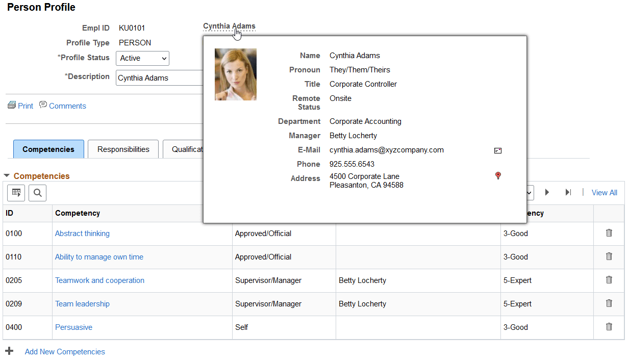 Example of a mouse over popup page showing additional employee data