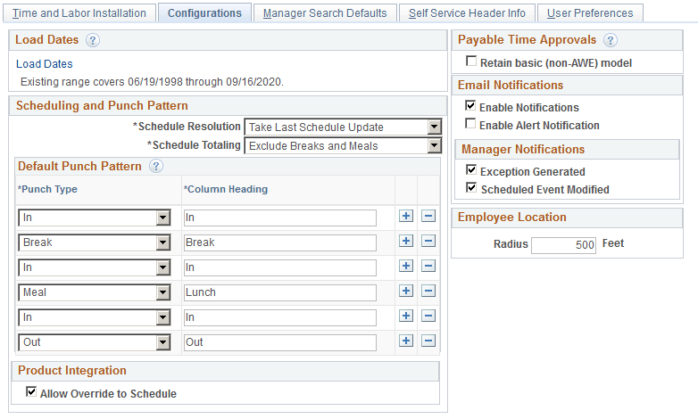Configurations page, showing the Product Integration group box