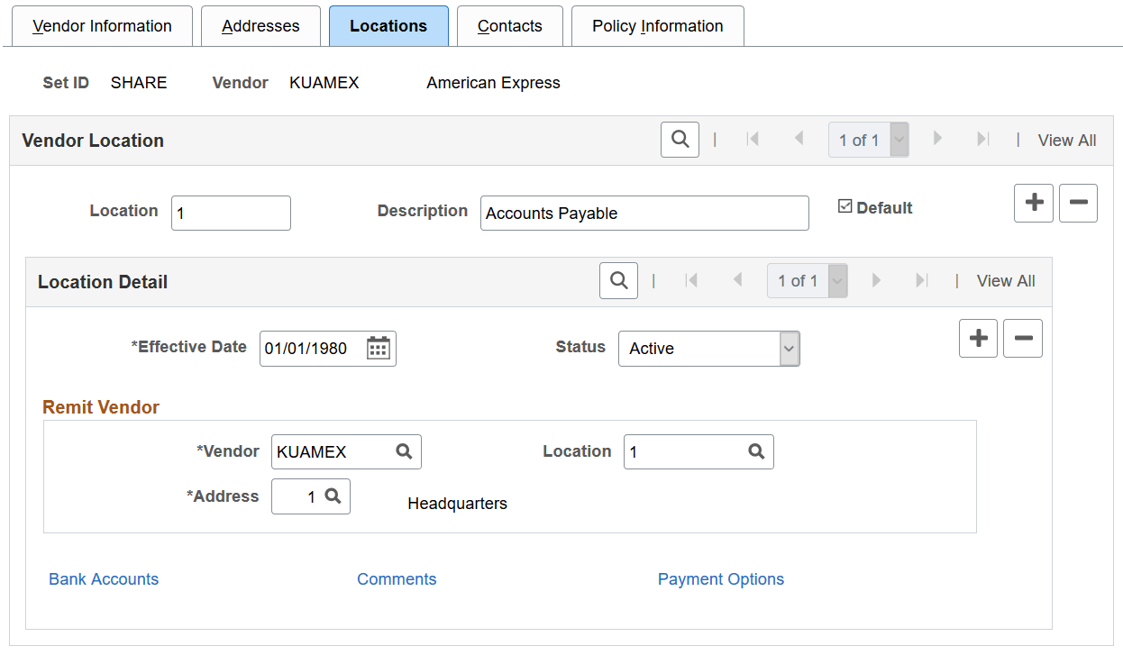 Vendor Information - Locations page