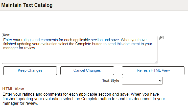 Maintain Text Catalog - HTML View page