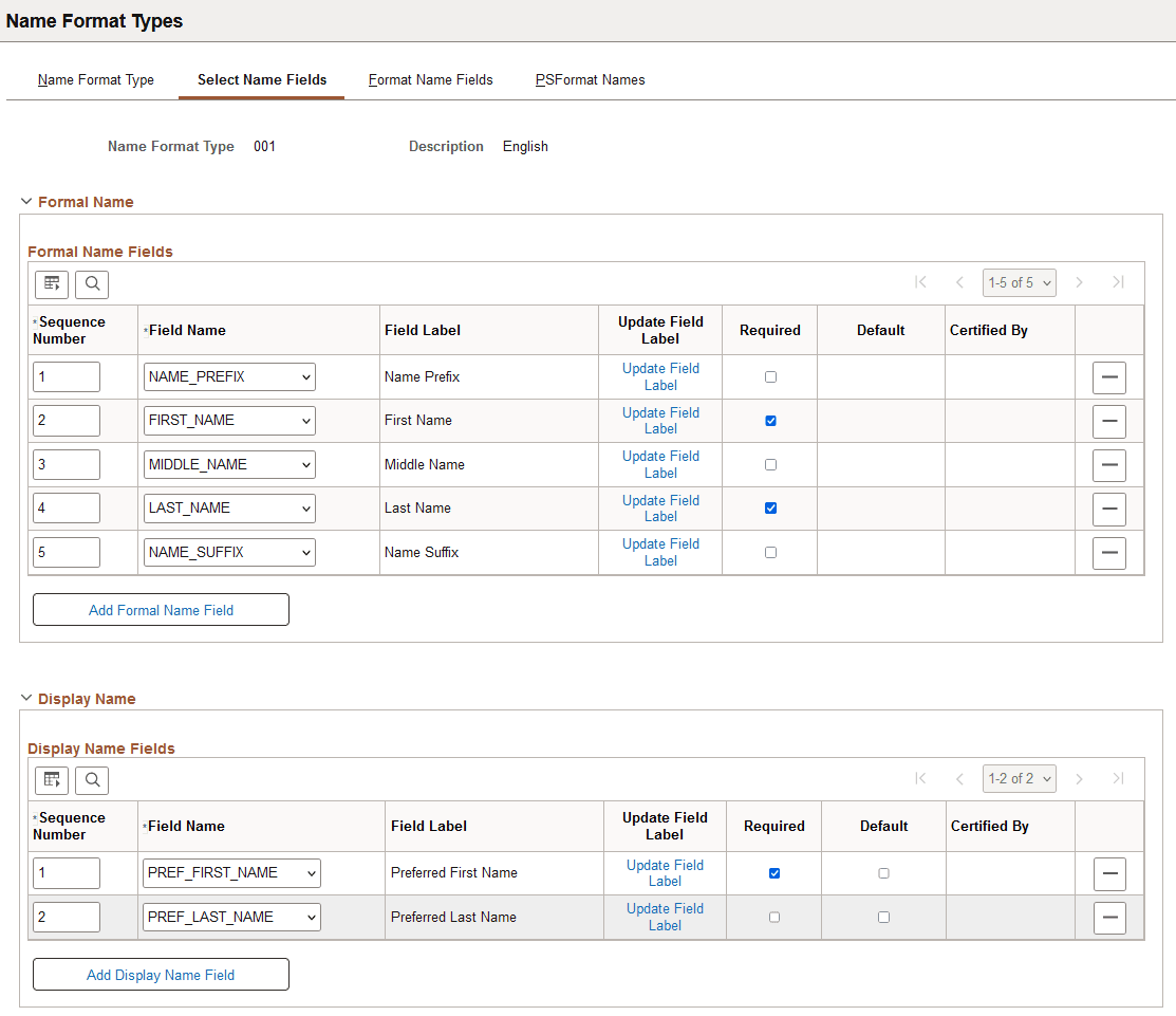 Select Name Fields page when Use Format and Display Name Groups is selected