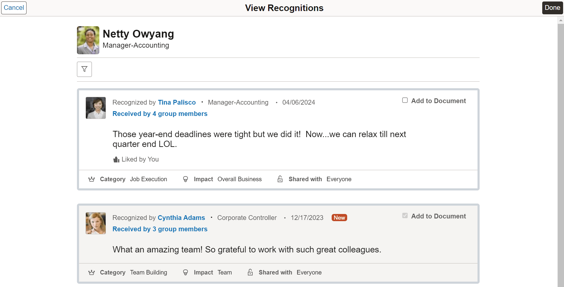 View Recognitions page