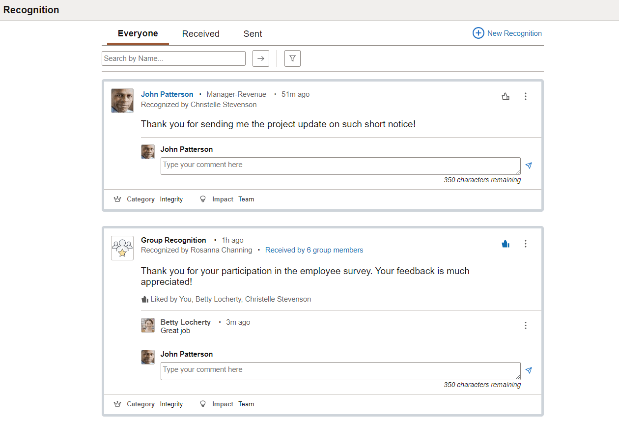 <>Recognition - <Everyone or My Peers> page