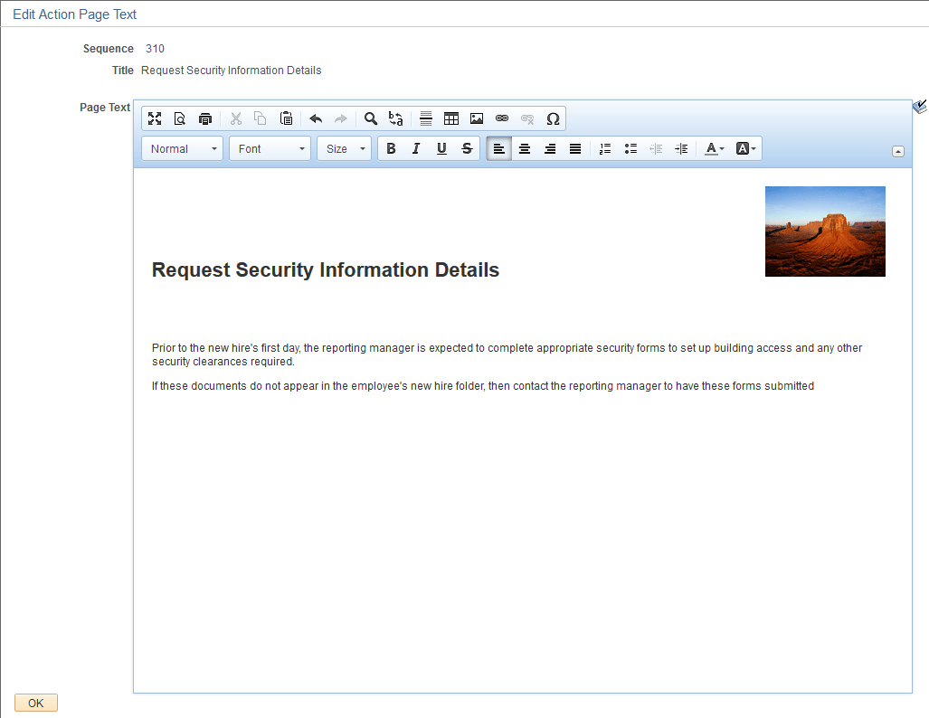 Edit Action Page Text page