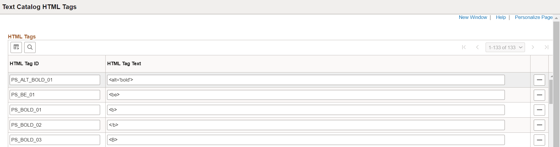 Text Catalog HTML Tags page
