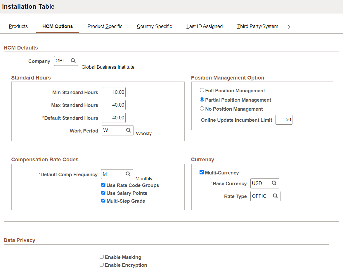HCM Options page (1 of 2)