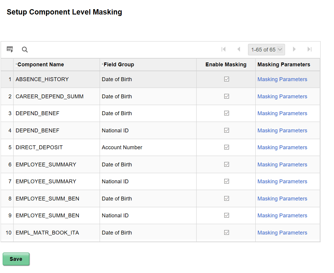 Setup Component Level Masking Page
