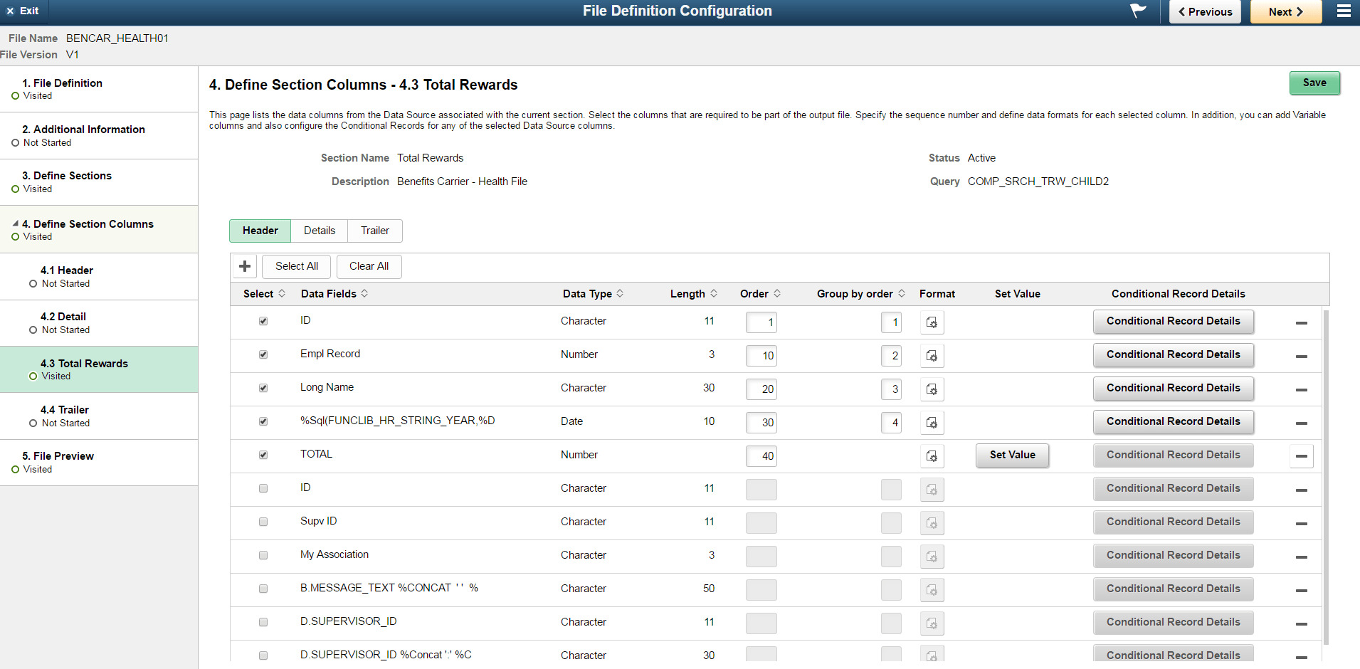 File Definition Configuration - Define Sections Columns Page
