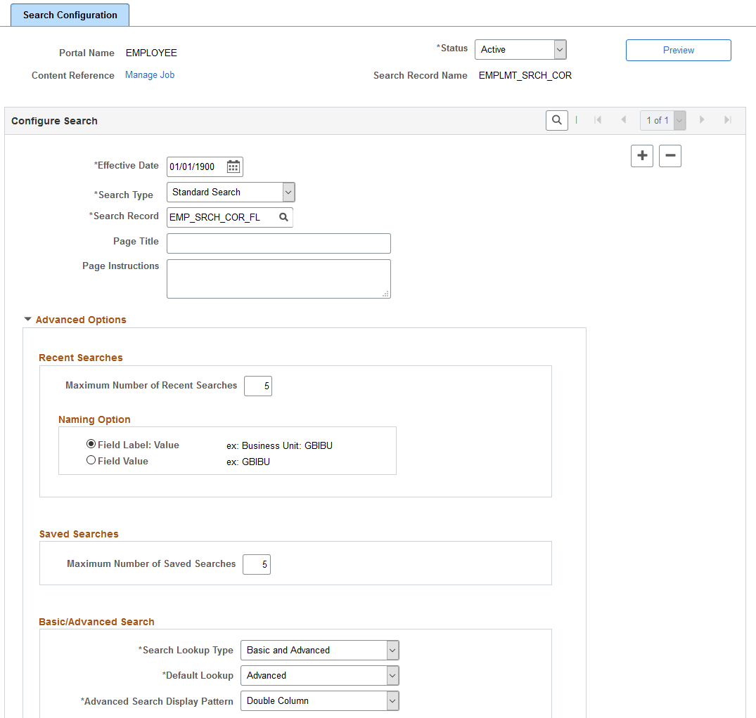 Manage Search Configuration - Search Configuration page (1 of 2)