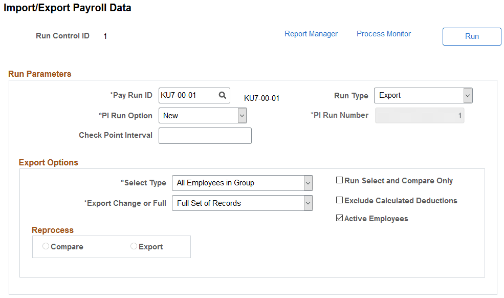 Import/Export Payroll Data page showing the export parameters to perform a full export to create the new baseline