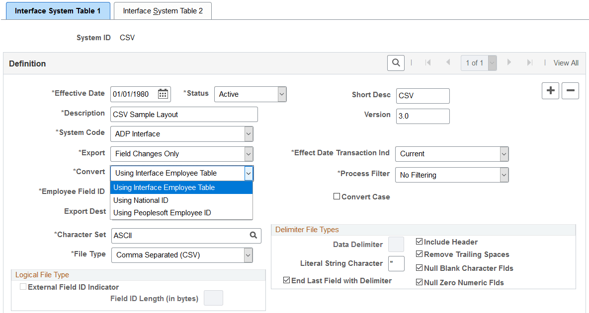 System Table page showing the three values for the Convert field