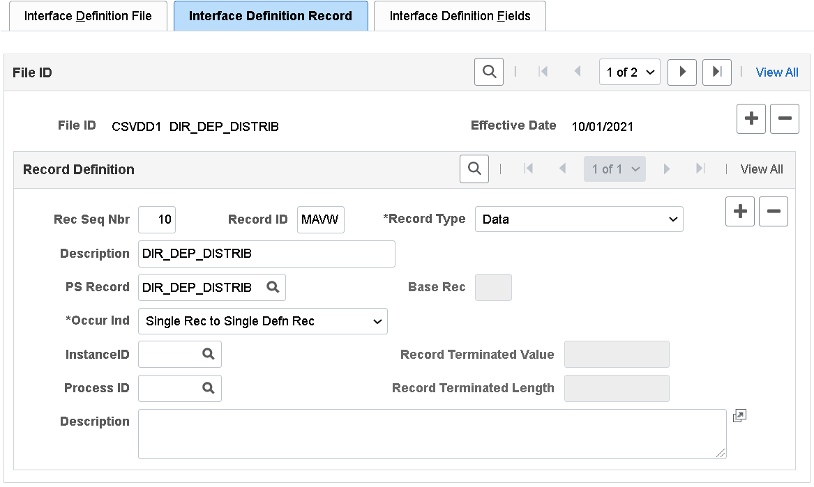 Example of an Interface Definition record using DIR_DEP_DISTRIB as the PS record on the Interface Definition Record page