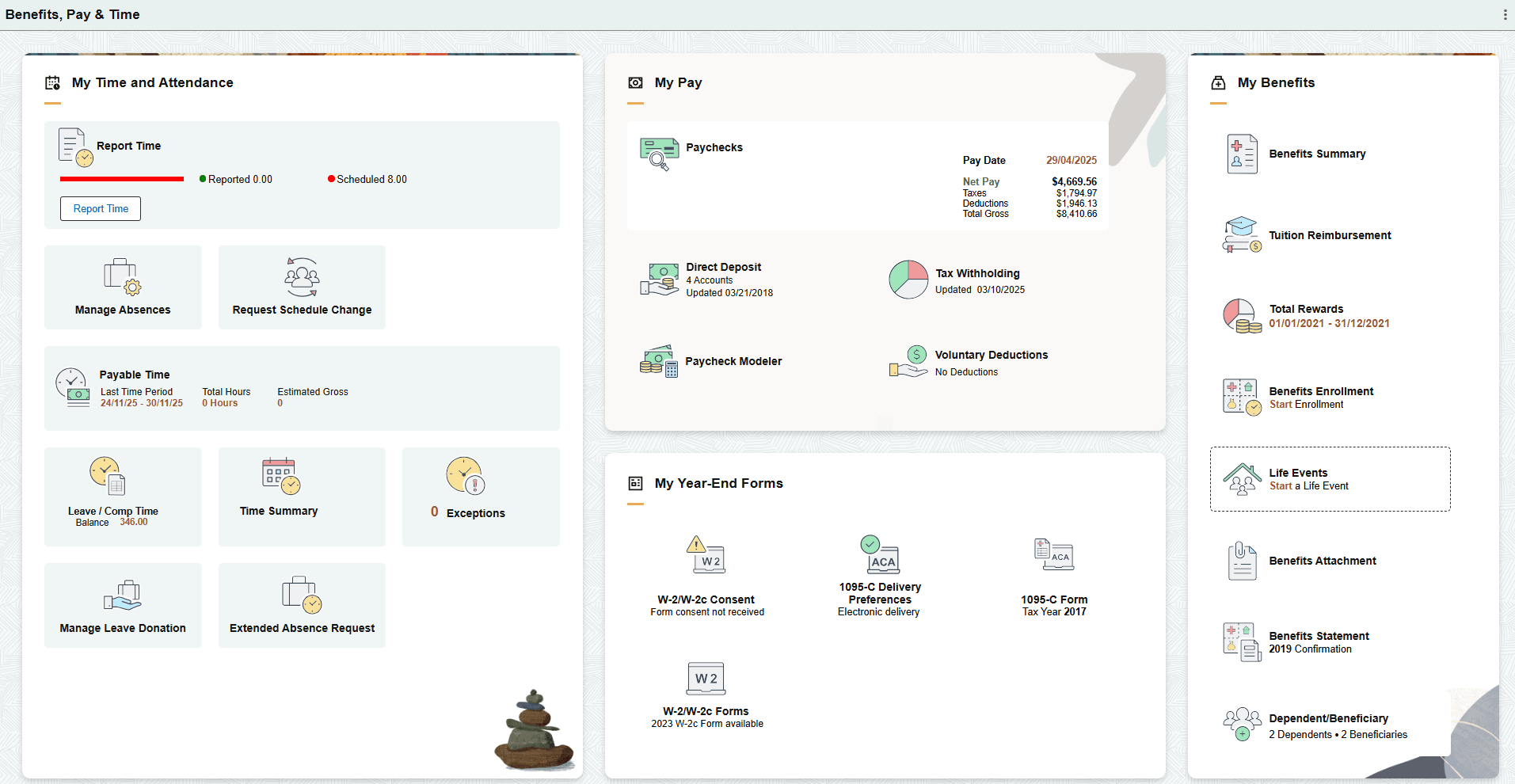Benefits, Pay and Time dashboard of My Home Landing page