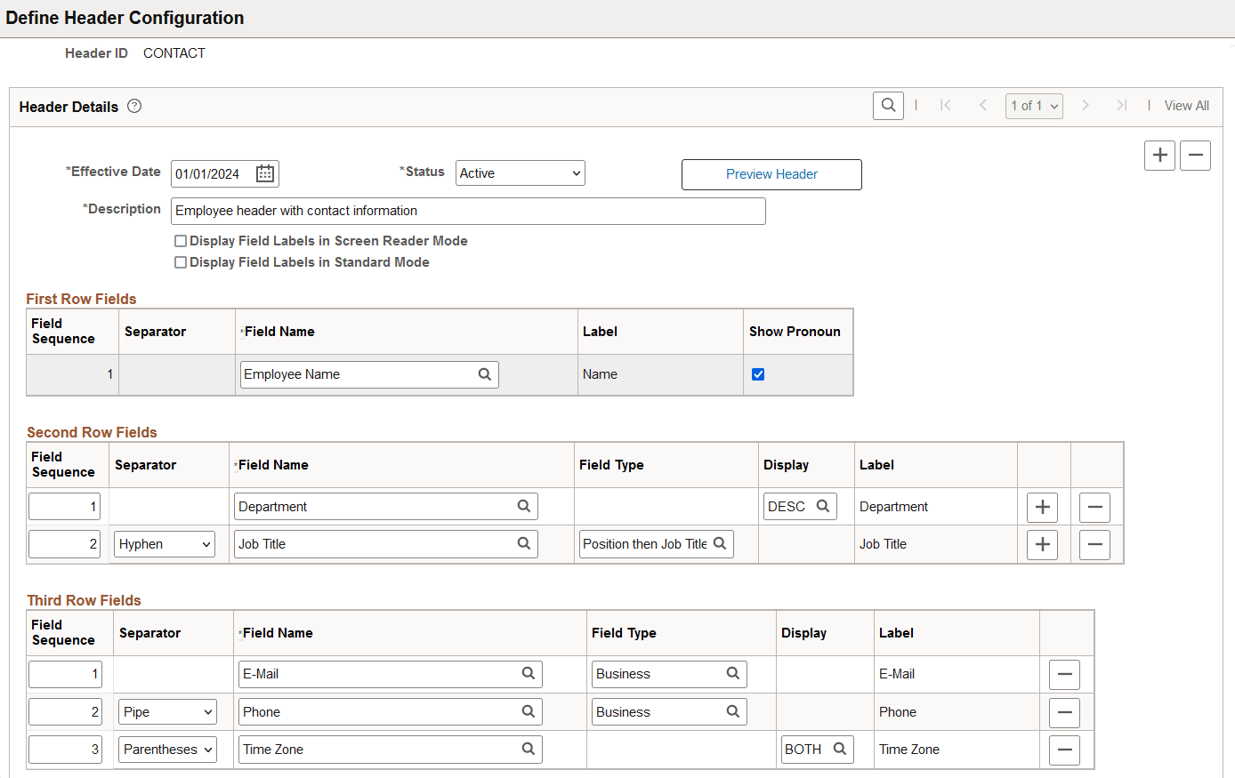 Define Header Configuration page