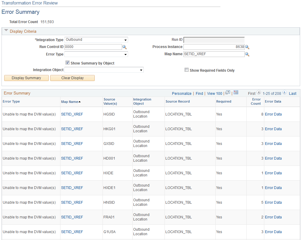 Transformation Error Review - Error Summary page