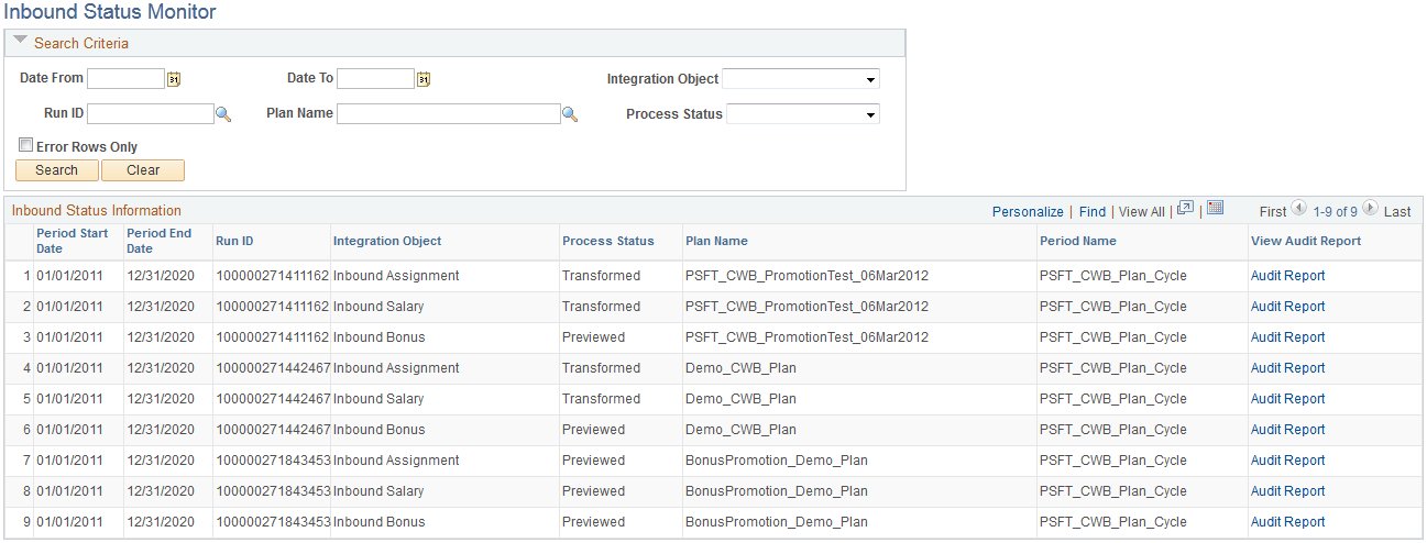 Inbound Status Monitor page