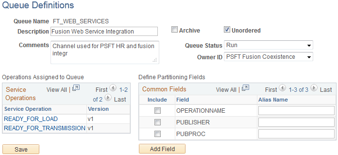 Queue Definitions page