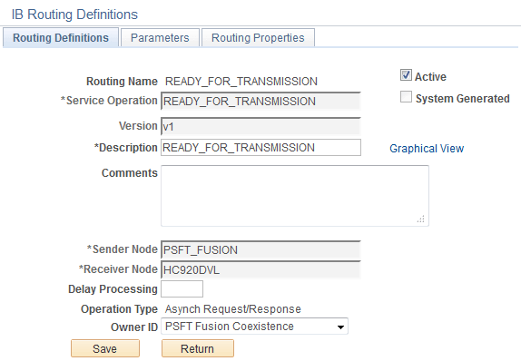 Routing Definitions page (READY_FOR_TRANSMISSION)