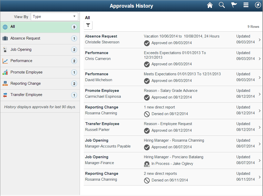 (Tablet) Approvals History page
