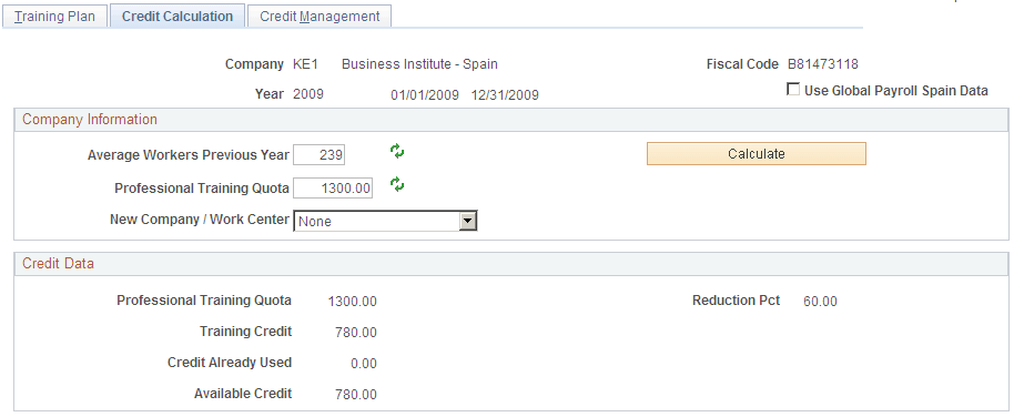 Credit Calculation page