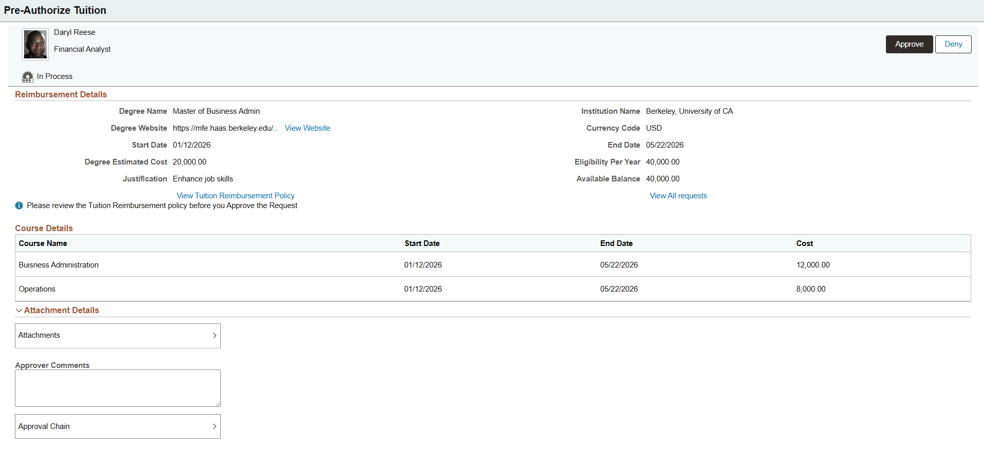 Pending Approvals - Pre-Authorize Tuition page