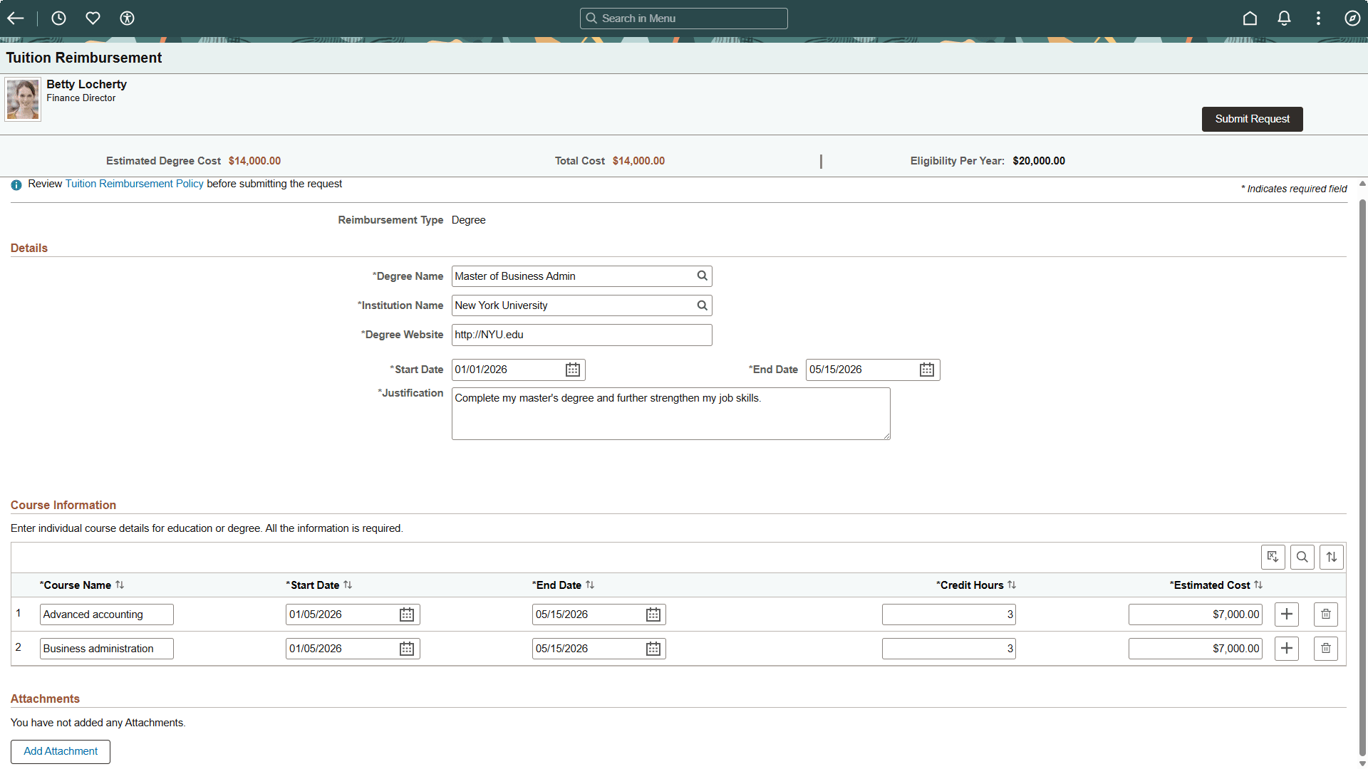Tuition Reimbursement (Details) page for a Pre-Authorization request
