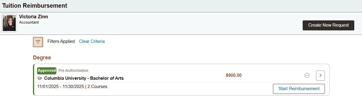 Tuition Reimbursement (landing) page for a Pre-Authorization request that has been approved
